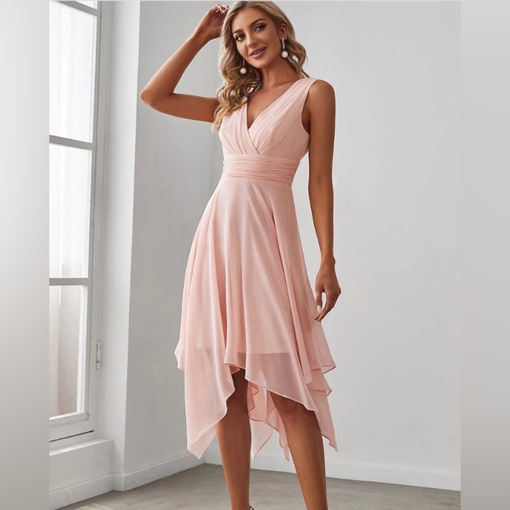 Pink Ever Pretty V Neck Ruched Midi Chiffon Dress